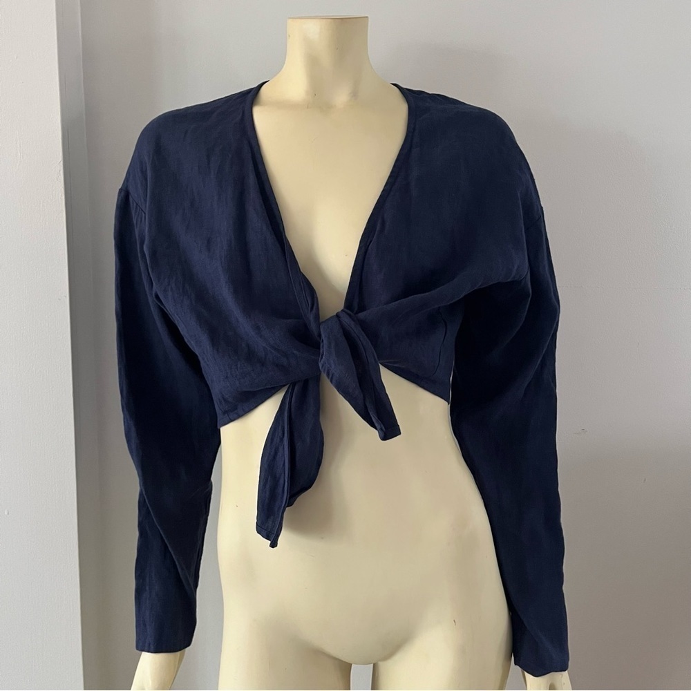 Love & Confuse THEA Linen Tie Front Crop Top Long Sleeve Linen Blouse Navy S